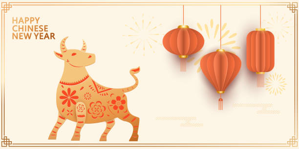 Year of the Ox, paper cut style of ox and red origami lanterns, Chinese New Year poster banner design illustration Year of the Ox, paper cut style of ox and red origami lanterns, Chinese New Year poster banner design illustration xu stock illustrations