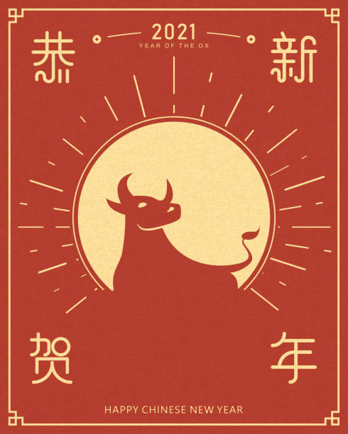 ilustraciones, imágenes clip art, dibujos animados e iconos de stock de 2021 año del buey, diseño de la silueta de buey, estilo chino plantilla de tarjeta de felicitación de año nuevo, carácter chino significa: feliz año nuevo - lunar new year