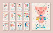 Monthly Calendar. Pig is a symbol of the Chinese 2019 New Year. Cute cartoon piggy in different situations. Week starts on monday. Vector illustration