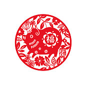 2019 Year of the Pig. Chinese Zodiac Sign round pattern design. Chinese traditional style paper cut art isolated vector illustration. Characters translation: Blessing, Good Fortune