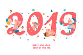 Greeting card with four cute cartoon piggies, symbol of the 2019 Chinese New Year. Each pig corresponds to the season of the year spring, summer, autumn, winter. Vector illustration