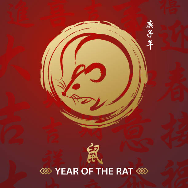 Celebrate the Year of the Rat 2020 with gold colored Chinese painting and calligraphy on the red Chinese language background, the Chinese character means rat and the vertical Chinese phrase means Year of the Rat