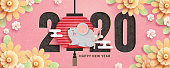 2020 year of the rat lovely paper art mouse and lantern on pink floral banner