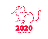 Rat is a symbol of the 2020 Chinese New Year. Holiday illustration of silhouette Zodiac Sign of red rat isolated on a white background. Vector element for banner, poster, flyer