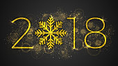 2018 Happy New Year and Merry Christmas Vector Illustration. 3D Golden Sparkling Lettering and Stylized Snowflake with Shimmer Glitter Texture, Lights and Bokeh Isolated on Dark Gray Background
