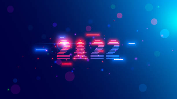 2022 year vision logo on blue background with neon lamps, christmas tree. Tech cyberpunk style digits 20 22. New year card in digital retro 80th or 90s design. Xmas computer number 2022 for banner. vector art illustration