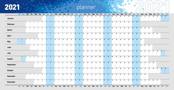 Yearly wall planner for the 2021 year in blue colors. Vector illustration .eps10 2021 Wall Calendar, yearly wall or desk planner in blue colors. calendars templates stock illustrations