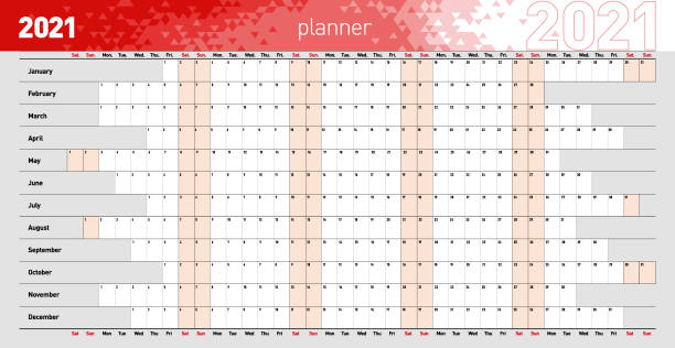 Yearly wall planner for the 2021 year in red colors. Vector illustration .eps10 2021 Wall Calendar, yearly wall or desk planner in red colors. annual event stock illustrations