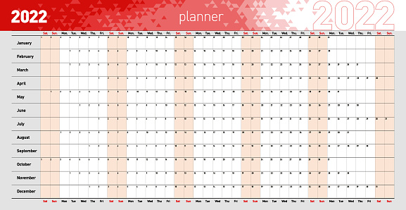 Yearly wall planner for the 2022 year with multi-colored header background. Red gamma. eps10