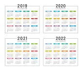 Set of minimalist calendars, years 2019 2020 2021 2022, in French langage, on white background - Vector templates.