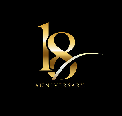 18 years anniversary elegance gold symbol. linked number with swoosh on black background