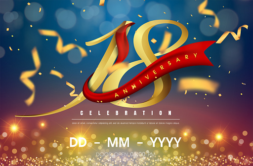 18 years anniversary logo template on gold and blue background. 18th celebrating golden numbers with red ribbon vector and confetti isolated design elements