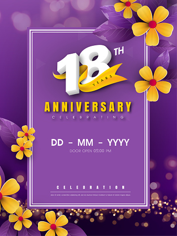 18 years anniversary logo template on golden flower and purple background. 18th celebrating white numbers with gold ribbon vector and bokeh design elements, anniversary invitation template card design