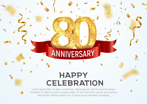 80 years anniversary vector banner template. Eighty year jubilee with red ribbon and confetti on white background.