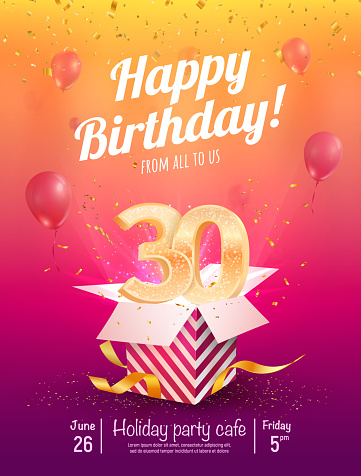 30 years anniversary vector banner template. Thirty years jubilee with balloons and confetti on a bright background.