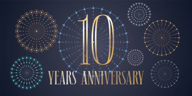 10 years anniversary vector icon 10 years anniversary vector icon. Template design, banner with fireworks for 10th anniversary greeting card, can be used as decoration element 10 11 years stock illustrations