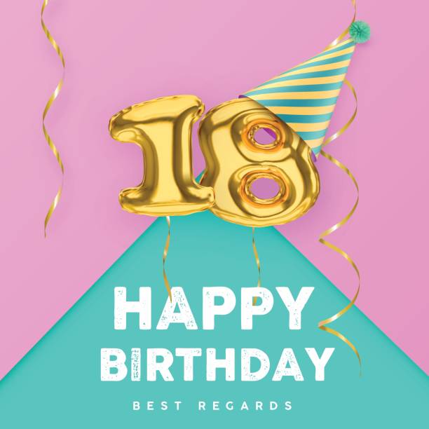 18 years old happy birthday pink girly vector banner 18 years old happy birthday pink girly vector banner with gold balloon 3d numbers and ribbon 18 19 years stock illustrations