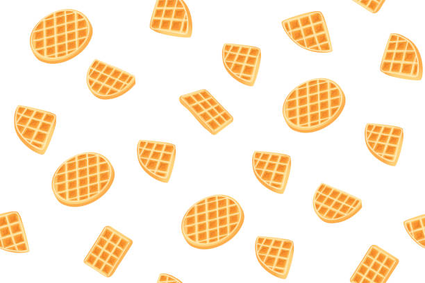 Yellow Belgian waffles seamless pattern for print design. Cartoon sweet vector illustration. Golden waffle slices on white background. Decorative Modern cookie cover. Snack Geometric shapes Yellow Belgian waffles seamless pattern for print design. Cartoon sweet vector illustration. Golden waffle slices on white background. Decorative Modern cookie cover. Snack Geometric shapes. breakfast patterns stock illustrations