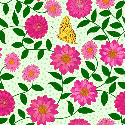 yellow butterfly and pink purple flower seamless pattern.