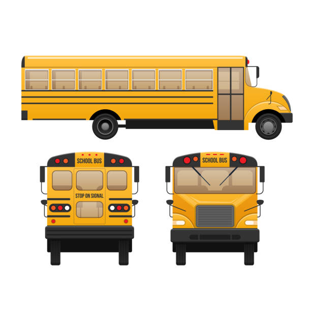 Yellow classic school children's bus. Modern education. Traveling with children Yellow classic school children's bus. Modern education. Traveling with children, traveling, transportation on kids school bus. Front, side and rear view. Vector illustration in flat style. school buses stock illustrations