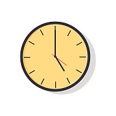 Yellow clock with hands showing time with hours and minutes, image represented on vector illustration isolated on white background