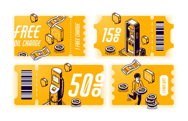 gelbe coupons für kostenlosen ölwechsel - gaspreis stock-grafiken, -clipart, -cartoons und -symbole