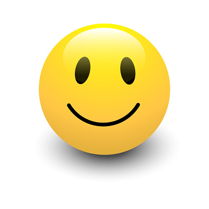 Yellow happy face vector symbol icon, yellow circular smiley face character with black eyes and smile, yellow radial gradient, and black drop shadow.