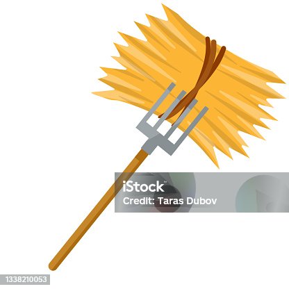 istock Yellow haystack and hayfork. Cartoon flat illustration. 1338210053