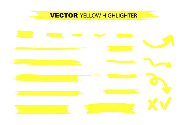黄色の蛍光ペンマーカーストローク。黄色の水彩画手描きハイライトセット。ベクトルストックのイラスト。 - マーカー点のイラスト素材／クリップアート素材／マンガ素材／アイコン素材
