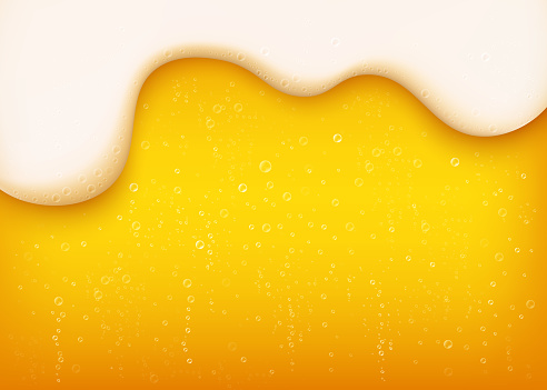 Yellow horizontal beer background with white foam and bubbles.