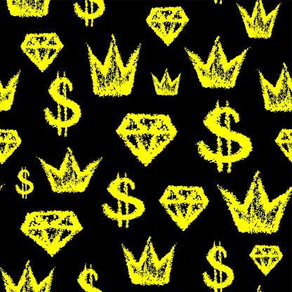 Yellow ink crowns, diamonds and dollars isolated on black background. Cute monochrome seamless pattern. Vector simple flat graphic hand drawn illustration. Texture.
