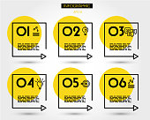 yellow linear square timeline elements, six options