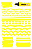Set of highlighter brush hand drawn elements. Yellow scribbled box with wavy lines, solid stripes and sketchy dashed strokes hand drawings with highlight marker. Vector illustration text memo design.