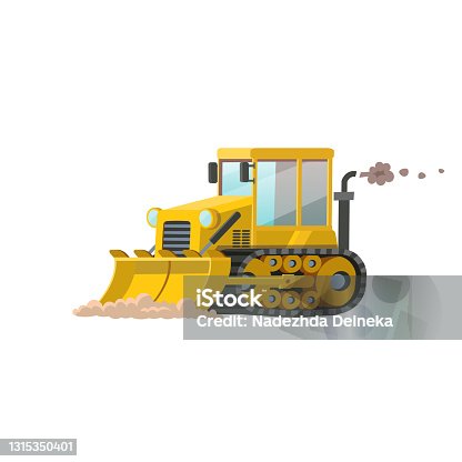 istock Yellow loader bulldozer isolated on white background. Construction machinery flat vector illustration. 1315350401