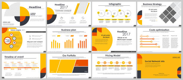 żółte szablony prezentacji są elementami na białym tle. infografiki wektorowe. zastosowanie w prezentacji, ulotce i ulotce, raportach firmowych, marketingu, reklamie, raporcie rocznym, banerze. - presentation stock illustrations