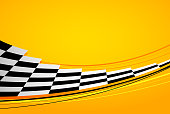 Yellow racing background, sport banner with checkered flag
