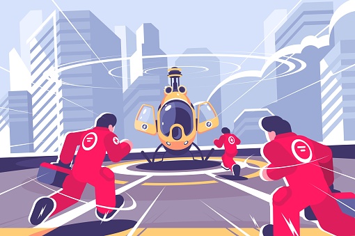 Yellow rescue helicopter and team flat poster