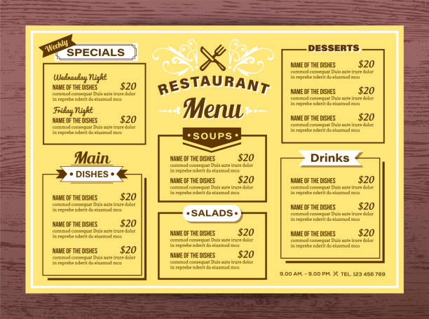 illustrazioni stock, clip art, cartoni animati e icone di tendenza di modello di menu ristorante giallo - tovaglietta