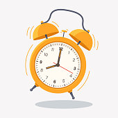 Yellow ringing alarm clock icon isolated on white background. Wake up time. Desk clock vector illustration in flat style. Element for your design.