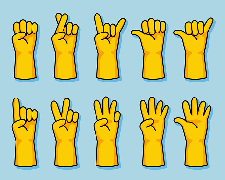 Yellow Rubber Glove Cartoon Hand Gesture Set