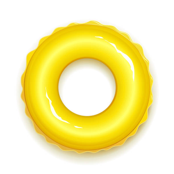 Yellow rubber ring for swiming in pool and sea Yellow rubber ring for swiming in pool and sea. Summer time symbol. Realistic circle toy. Isolated white background. EPS10 vector illustration. swimming float stock illustrations