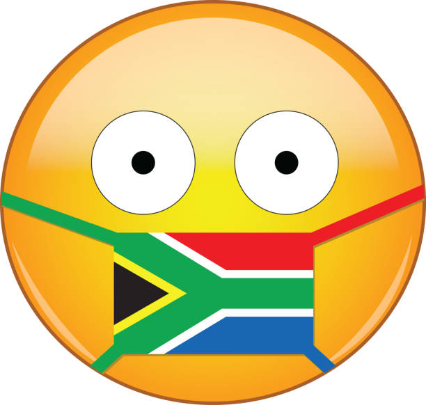 Yellow scared emoji in South African medical mask protecting from SARS, coronavirus, bird flu and other viruses, germs and bacteria and contagious disease as well as toxic smog in South Africa.  south africa covid stock illustrations