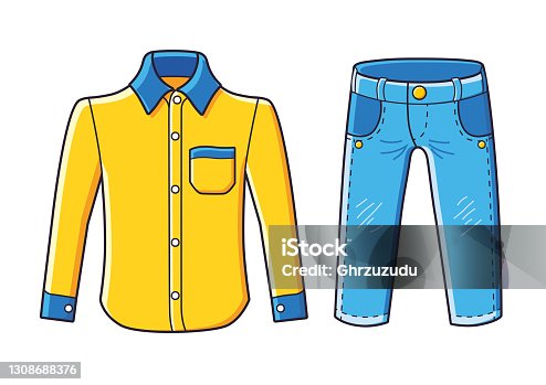 istock Yellow shirt and blue jeans pants 1308688376