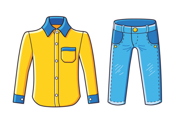 illustrations, cliparts, dessins animés et icônes de chemise jaune et pantalon de jean bleu - chemise en jeans poche