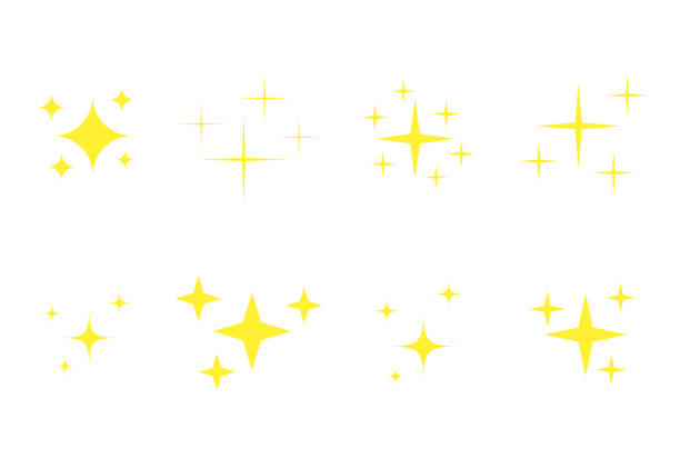 黄色い星のアイコンがセットされます。黄金の輝く花火シンボルコレクション。明るい星がきらめくベクトルイラスト - キラキラ点のイラスト素材／クリップアート素材／マンガ素材／アイコン素材