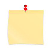 Yellow sticky note paper attached with red pin. Realistic sticker and pushpin isolated on white. Vector illustration. Easy to edit template for your design projects.