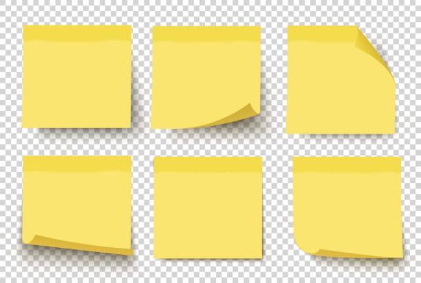Yellow sticky notes. Vector set on tranparent background. Yellow sticky notes. Vector illustration isolated on white background. Sticky note set with curled corners and shadows. adhesive note stock illustrations
