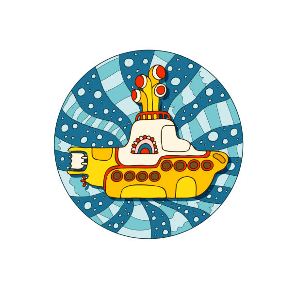 желтая подводная лодка в стиле каракуля. нарисованный от руки логотип. белый фон. - liverpool stock illustrations