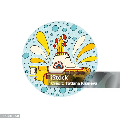 istock Yellow submarine in doodle style. Hand drawn logo. White background. 1351801650