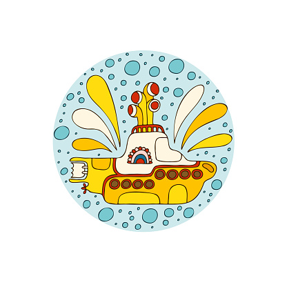 Yellow submarine in doodle style. Hand drawn logo. White background.
